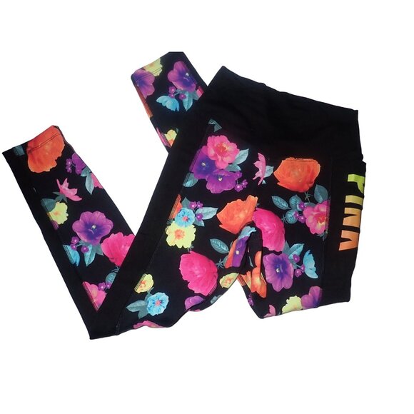 Pink Victoria's Secret Ultimate Floral Leggings Women XS Black Flowers‎ Workout - Picture 1 of 6